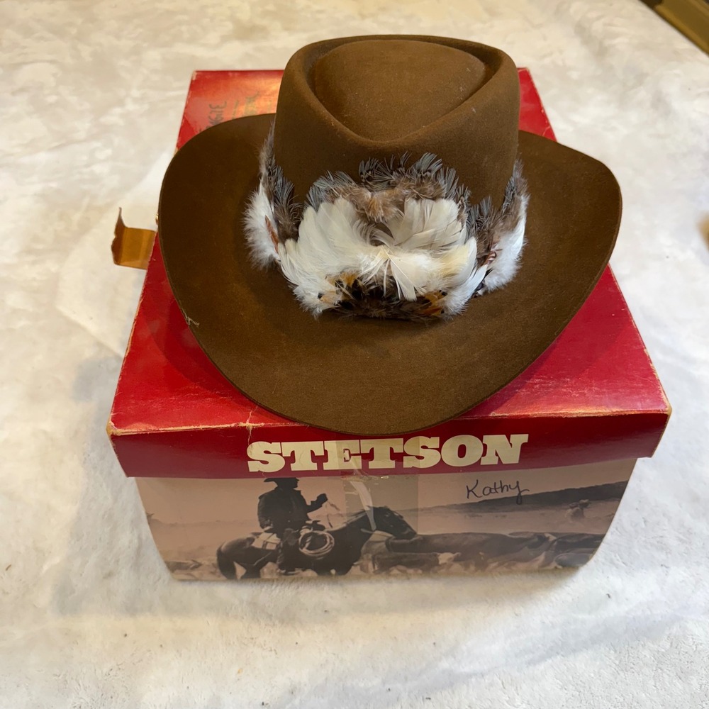 Vintage Stetson 3X Beaver Brown Fur Felt Cowboy Hat with Feather Band Size 7 - Picture 2 of 9